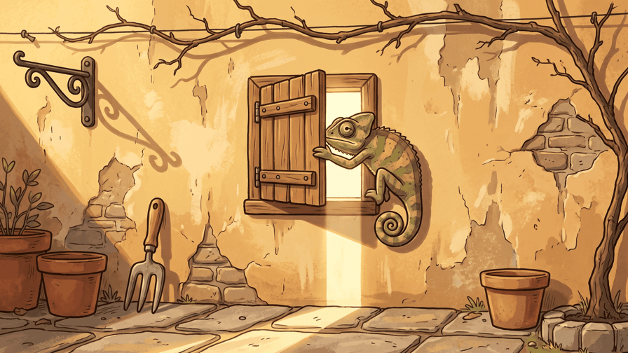 A chameleon clinging to a rough ochre plaster wall and pushing a small timber shutter closed over an opening from which a bright beam of light still spills down onto the stone paving, with bare vine stems along the top of the wall, terracotta pots and a garden fork below.