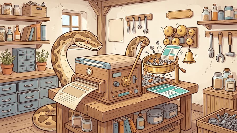 A Python snake operates a browser-shaped page press and a brass sieve that catches loose alarm clappers while one changed teal page passes through to ring a bell.