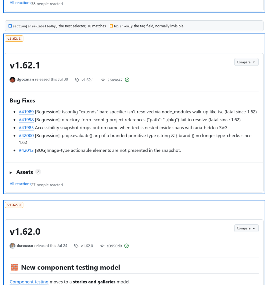 GitHub releases page with a legend, then 3 release sections each outlined in blue to show the nest selector matching, and the hidden h2.sr-only version tag revealed as an orange badge above v1.62.1 and v1.62.0.
