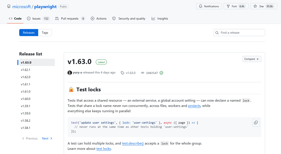GitHub releases page for microsoft slash playwright. A Release list sidebar names 10 versions, and the first card shows its version tag, a Latest badge, the author, the release date and the commit.