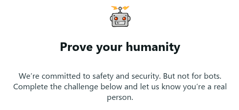 The bytes the poll received, rendered: a cartoon robot above a heading reading Prove your humanity, and a line saying the challenge below has to be completed to show you are a real person.
