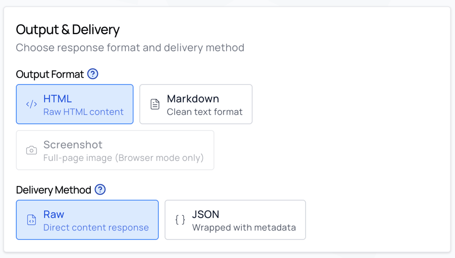 Output and Delivery panel in the Evomi playground, with HTML selected as Raw HTML content and Markdown offered as Clean text format, above a Raw or JSON delivery choice.