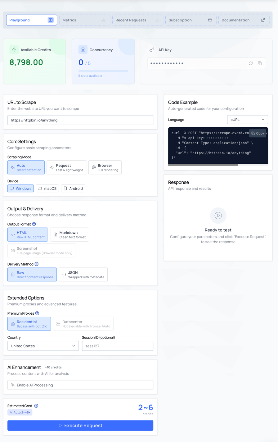 Evomi Scraper API playground: credits, concurrency and a masked API key across the top, then URL, scraping mode, device, output format, delivery method, premium proxies, country, an estimated cost and a generated cURL example.
