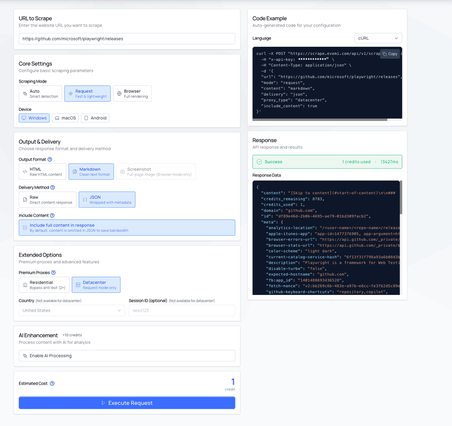 The same run in the Evomi playground over datacenter proxies, showing an Estimated Cost of 1 credit and a Response panel reading Success, 1 credits used, 13427ms above the returned JSON.