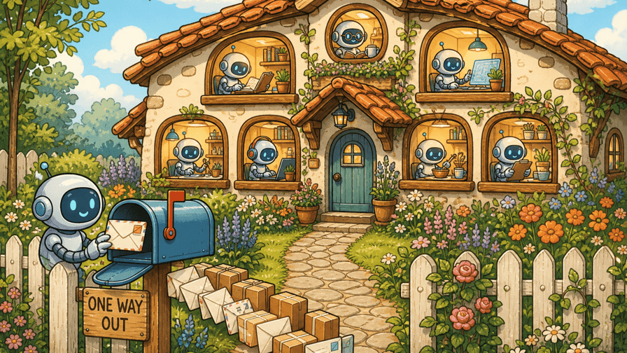 A cottage full of busy robots at separate desks, with every letter leaving through a single mailbox at the gate