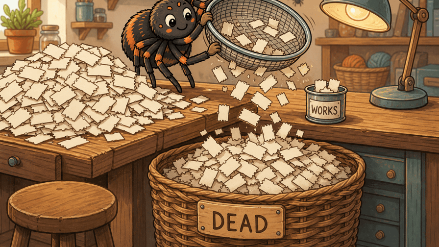 A cartoon spider sieving a huge heap of proxy tickets, nearly all falling into a bin marked dead and a few landing in a small tin marked works