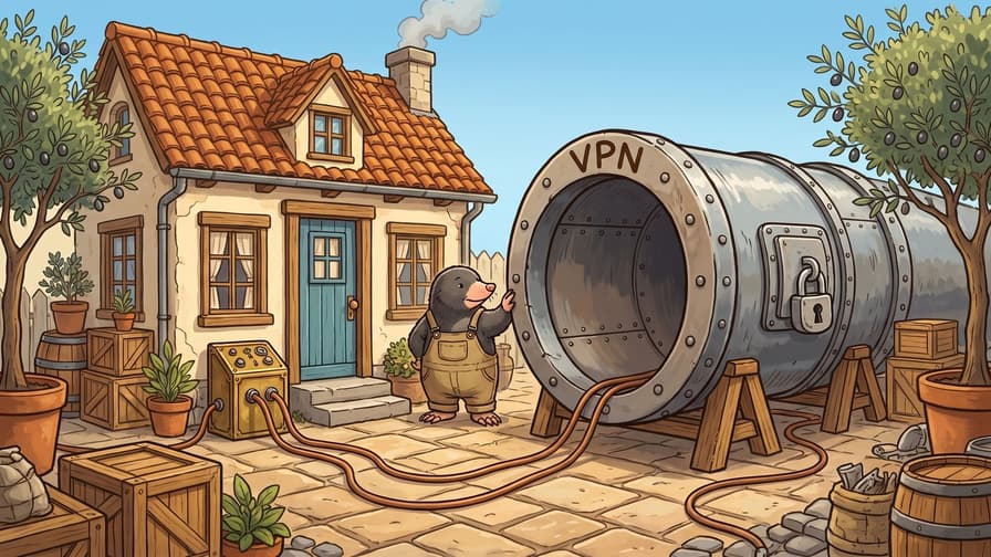 A mole in brown overalls stands in a paved yard between a small house and a large metallic tunnel labeled "VPN", touching the opening rim as two orange cables run from a small control panel beside the house into the tunnel.