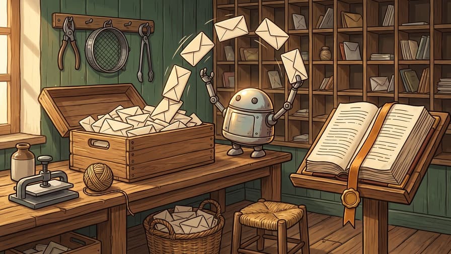 A small round robot standing on a workbench in a sorting room, drawing cream envelopes up out of an open wooden crate packed with them, five envelopes in the air around its raised hands, with a large open law book on a lectern with a ribbon marker and a wax seal at the right, a wall of pigeonholes stuffed with letters behind, a rack of pliers and tools above the bench at the left, a letter press and a basket of envelopes below.