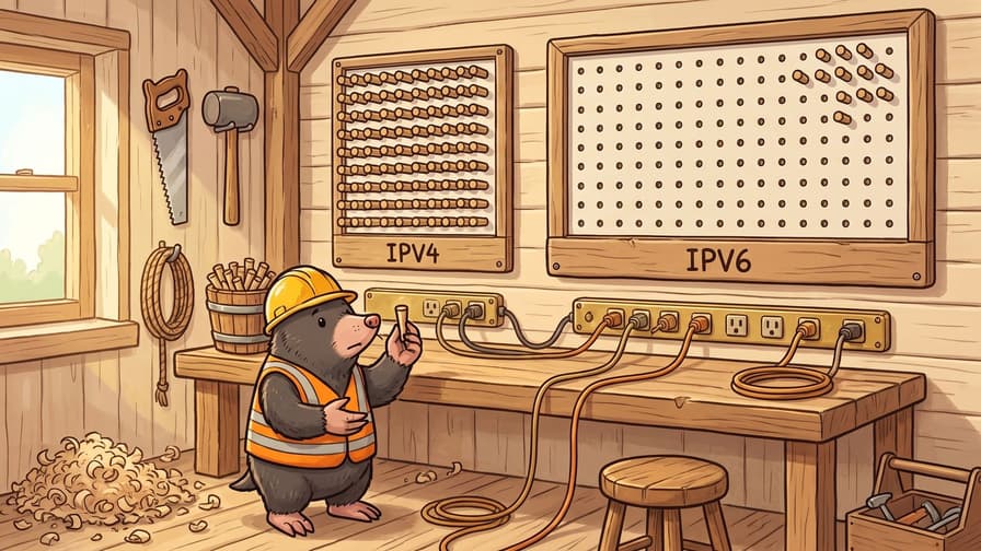 A mole in a yellow hard hat holds one spare peg beneath two corded workshop boards: a smaller IPV4 board packed full of pegs and a much larger IPV6 board whose grid is almost entirely empty.