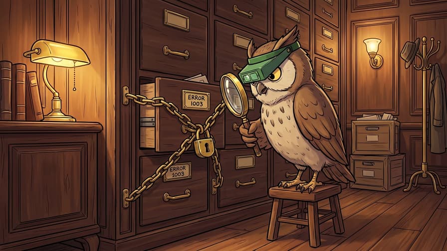 An owl inspector wearing a green visor stands on a wooden stool in an archive room, using a magnifying glass to examine a locked record drawer wrapped in heavy chains with a padlock and labeled "ERROR 1003".