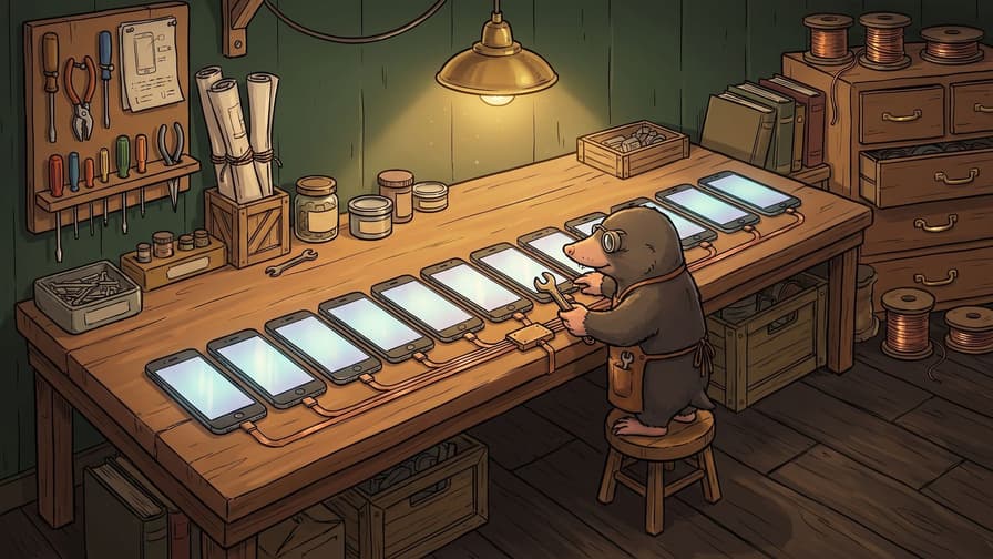 A mole wearing goggles and an apron stands on a small stool inside a timber workshop, using a wrench to work on a network of ten smartphones lined up in a row and connected by cables across a long wooden workbench beneath an overhead light.