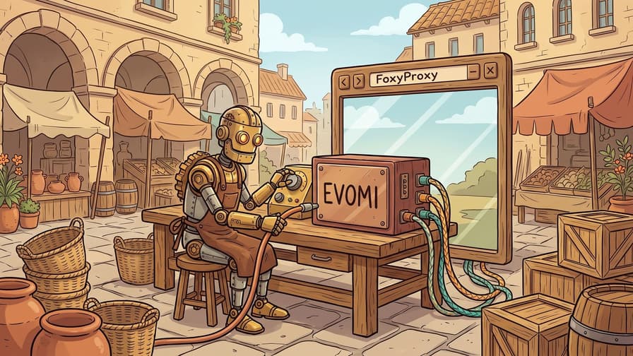 A brass robot at an oak workbench holds a thick copper cable at a mahogany junction box lettered EVOMI while its other hand rests on a brass rotary dial, with cables running from the box to a wooden browser-window prop headed FoxyProxy.