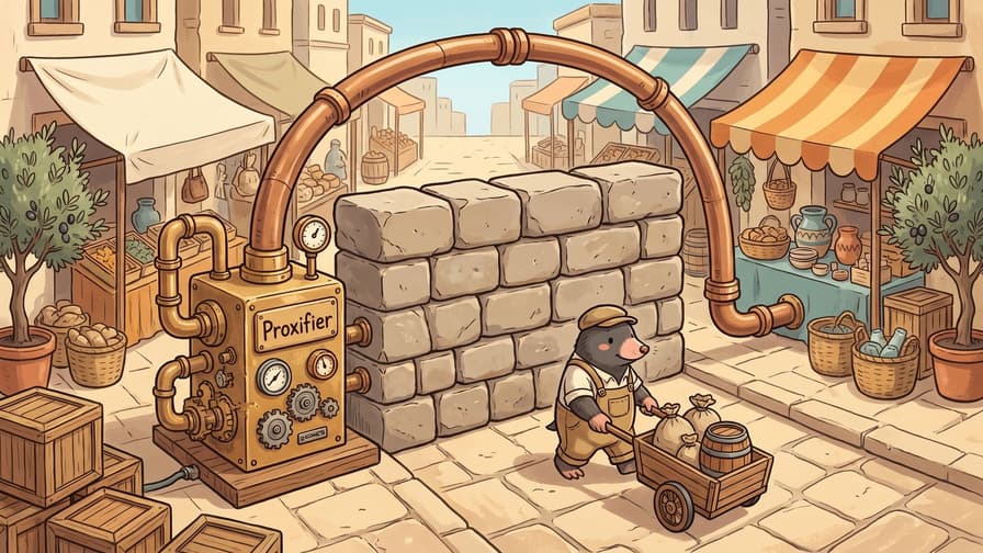 A mole in canvas overalls wheels a wooden handcart along sunlit flagstones past a shoulder-high wall of stacked stone blocks that closes the road, while a copper pipe leaves a brass apparatus lettered Proxifier and arcs over the wall to the road beyond.