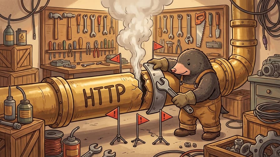 A mole in canvas overalls clamps a curved metal patch over a burst joint in a thick brass pipe lettered HTTP with a spanner, steam jetting from the split and small red warning flags planted around it.
