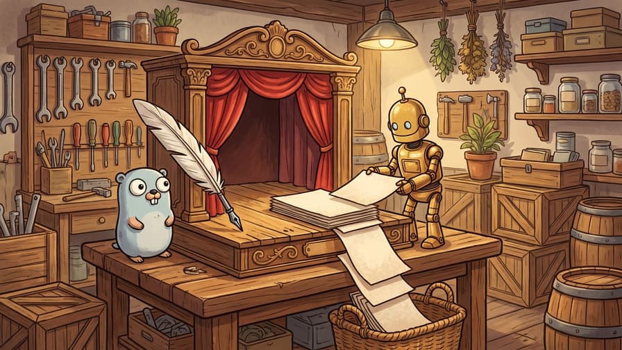 A light blue gopher and a small golden robot stand at a wooden workbench inside a rustic workshop, where the robot collects a long stack of paper sheets cascading from a miniature puppet stage with red curtains into a woven basket near a large feather quill.