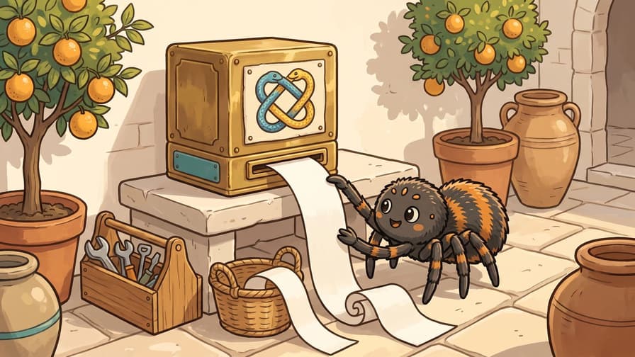 A cartoon spider stands on a stone patio, holding a long strip of white paper dispensing from a golden machine adorned with a Python logo of two intertwined blue and yellow snakes, surrounded by a wooden toolbox filled with wrenches, a woven basket, and potted orange trees.