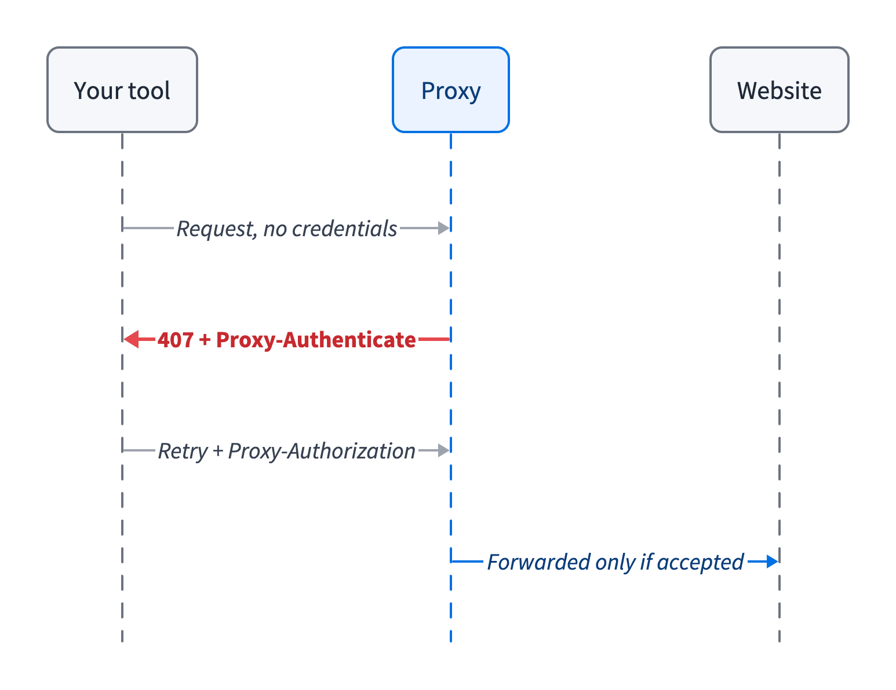 Sequence diagram with three participants. Your tool sends a request with no credentials to the Proxy. The Proxy answers 407 plus Proxy-Authenticate, drawn in red. Your tool retries with Proxy-Authorization. The Proxy forwards to the Website only if the credentials are accepted