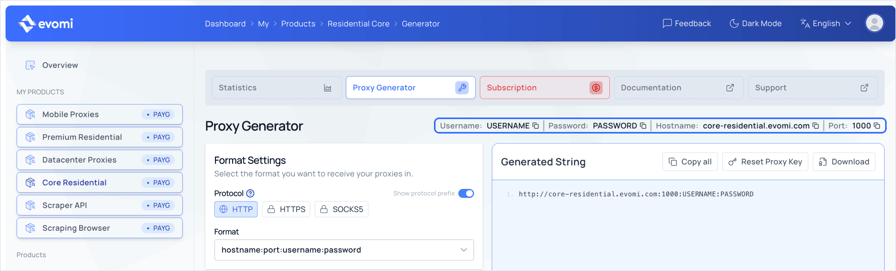 Evomi dashboard, Core Residential Proxy Generator tab, showing Username USERNAME, Password PASSWORD, Hostname core-residential.evomi.com and Port 1000 in one outlined line, and the generated string http://core-residential.evomi.com:1000:USERNAME:PASSWORD