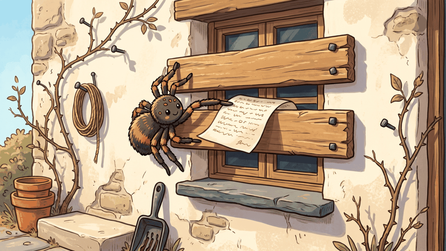 A large cartoon spider on rough timber boards nailed across a shuttered window in a cream stone wall, drawing out from behind them a paper sheet covered in fine ink marks, with a coil of rope hanging on the wall, bare twigs and terracotta pots below.