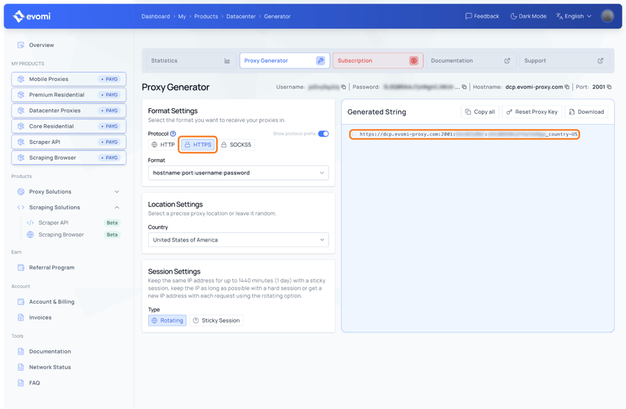 Evomi dashboard, Datacenter Proxy Generator with Protocol set to HTTPS. The header shows Hostname dcp.evomi-proxy.com and Port 2001, Country is United States of America, Type is Rotating, and the generated string starts with https://dcp.evomi-proxy.com:2001. The HTTPS button and the generated string are outlined.