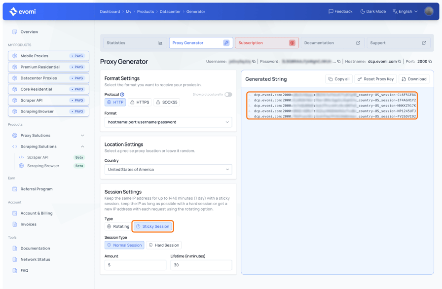 Evomi dashboard, Datacenter Proxy Generator, with Country set to United States of America, Session Settings set to Sticky Session with Amount 5, and the Generated String panel listing 5 proxy strings ending in _country-US_session- followed by different session IDs. The Sticky Session button and the 5 strings are outlined.