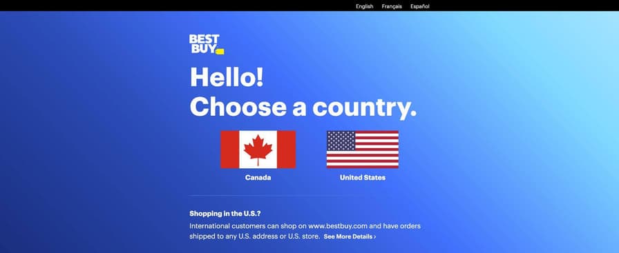 The Best Buy page served to a German exit IP. It reads Hello! Choose a country, with buttons for Canada and the United States, and no product or price.