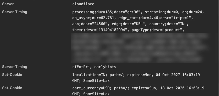 Chrome DevTools response headers for the ColourPop product page, viewed from India. The Server-Timing header includes asn, edge DEL, and country IN. Below it, Set-Cookie headers set localization to IN and cart_currency to USD. Visit IDs are blurred.