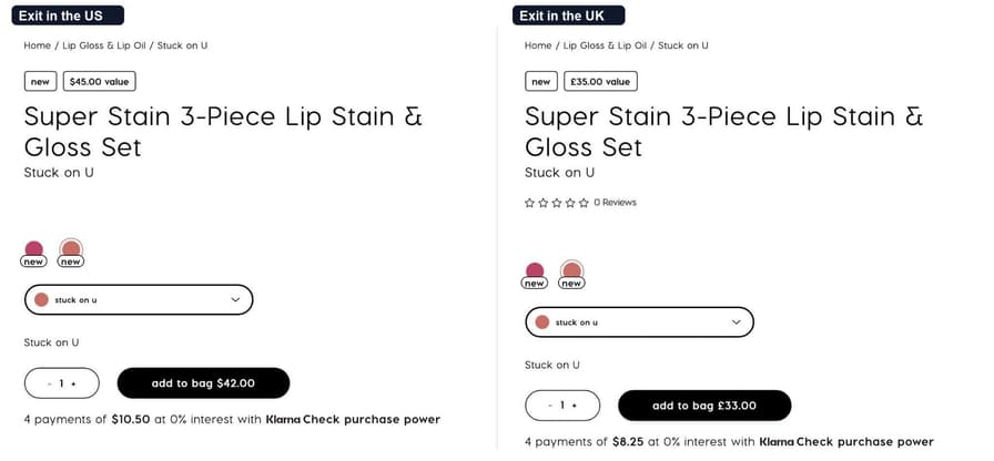 The ColourPop product page for the Super Stain 3-Piece Lip Stain and Gloss Set. Through a US exit IP, the add-to-bag button shows $42.00. Through a UK exit IP, it shows £33.00, while the Klarna line below it still reads 4 payments of $8.25.