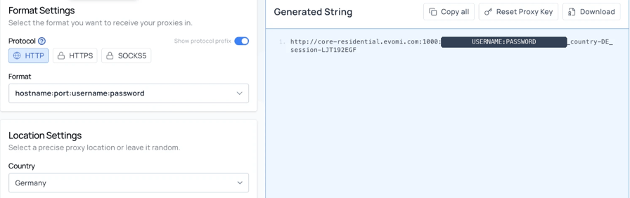 The Evomi Proxy Generator set to HTTP and Germany. The generated string is core-residential.evomi.com:1000, the hidden username and password, and _country-DE_session-LJT192EGF.