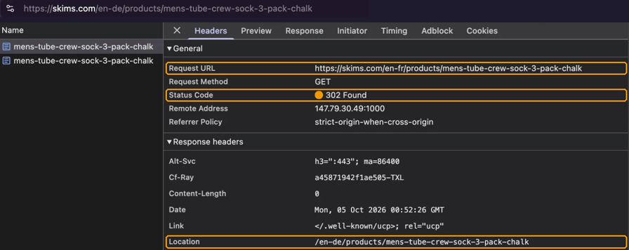 Chrome DevTools for a German exit IP. The request URL is skims.com/en-fr/products/mens-tube-crew-sock-3-pack-chalk, the status code is 302 Found, and the Location header is /en-de/products/mens-tube-crew-sock-3-pack-chalk. The address bar shows the final /en-de URL