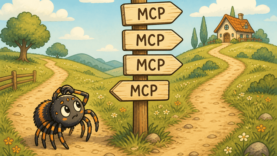 A puzzled cartoon spider at a crossroads signpost carrying four identical MCP arrows, three pointing one way and one pointing the other