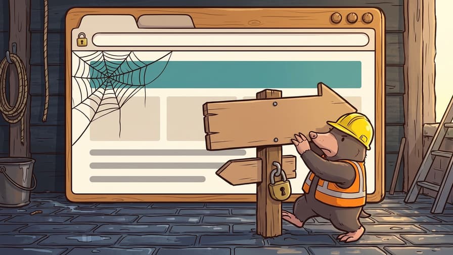 A mole in a yellow hard hat and an orange high-visibility vest pushing a large wooden arrow signboard round on its post so that it points the opposite way to the smaller arrow fixed below it, with a closed brass padlock hanging from the post, in front of a tall wooden panel built as a web browser window with a small padlock in its address bar, a teal banner and grey rules on its page, and a spider web spun across its top left corner.