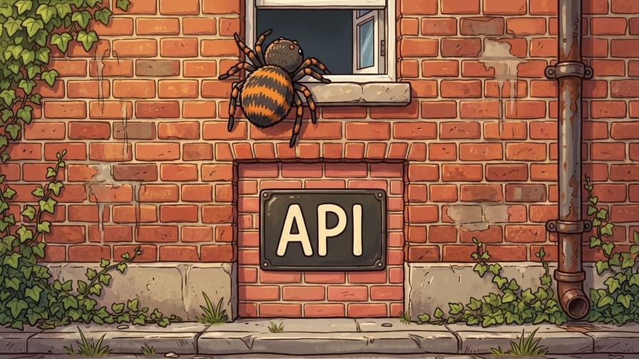 A brown and orange spider climbing a red brick wall towards a small open first floor window, the ground floor doorway below it bricked up flush with newer brick and carrying a dark plate lettered API in cream, with ivy up the left of the wall and a rusted cast iron downpipe at the right.