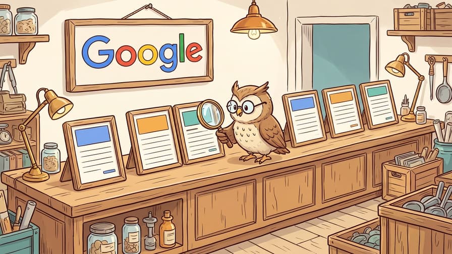 An owl wearing round eyeglasses holds a magnifying glass to examine one of six framed display documents lined up across a long wooden counter beneath a framed wall sign displaying the word "Google" in a workshop filled with lamps and shelves.