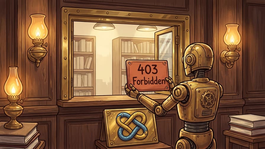 A brass robot stands in a wood-paneled room, holding a rectangular plaque reading "403 Forbidden" at an open brass window frame, while a gold stand displaying the blue and yellow Python snake mark rests on the counter below.
