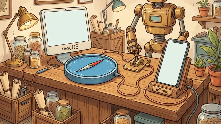 A golden robot stands behind a wooden workbench and operates a lever switch connected by cables to a large blue compass icon, a computer monitor labeled "macOS", and a smartphone resting in a wooden holder labeled "iPhone".