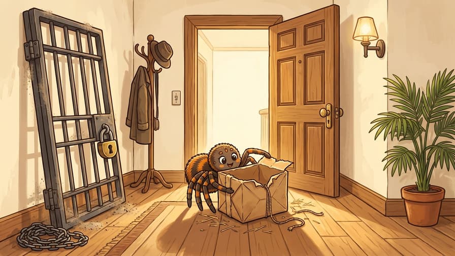 A hallway with a wooden panelled door standing wide open into a bright room, a torn-open brown paper parcel on the floorboards in front of it with its flaps splayed and its inside plainly empty, its cut string trailing away, and a cartoon spider leaning over the parcel looking into it, while a barred iron gate with a closed brass padlock stands propped unused against the wall at the left with its chain coiled on the floor, a coat stand carrying a hat and coat beside it and a potted palm over at the right.