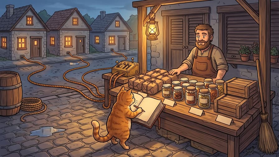 A bearded vendor stands behind a wooden market stall as an orange tabby cat writes with a pencil in a large open book, while thick cables connected to a switch box on the counter stretch across a cobblestone street and plug directly into three residential houses in the background.
