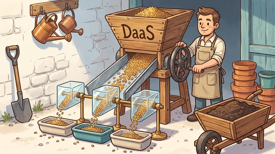 A man wearing an apron turns the crank of a wooden machine labeled "DaaS," sending golden seeds down a metal chute and through three transparent glass prism dispensers into three small plastic trays arranged on the ground beside a wheelbarrow.