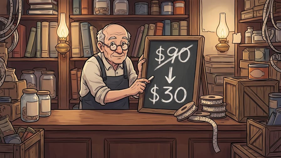 An elderly shopkeeper in a dark apron and round spectacles stands at a wooden shop counter holding a stick of chalk beside a slate board where the figure "$90" is struck through above a downward arrow pointing to "$30", with spools of punched paper data tape unreeling on the counter beside it.