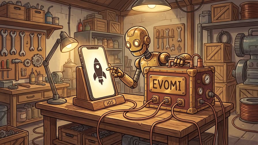 A brass robot presses a fingertip to the glowing screen of a slab handset standing in a wooden cradle lettered iOS, the screen showing a dark finned rocket, with copper cords running to a brass and mahogany box lettered EVOMI on the workshop bench.