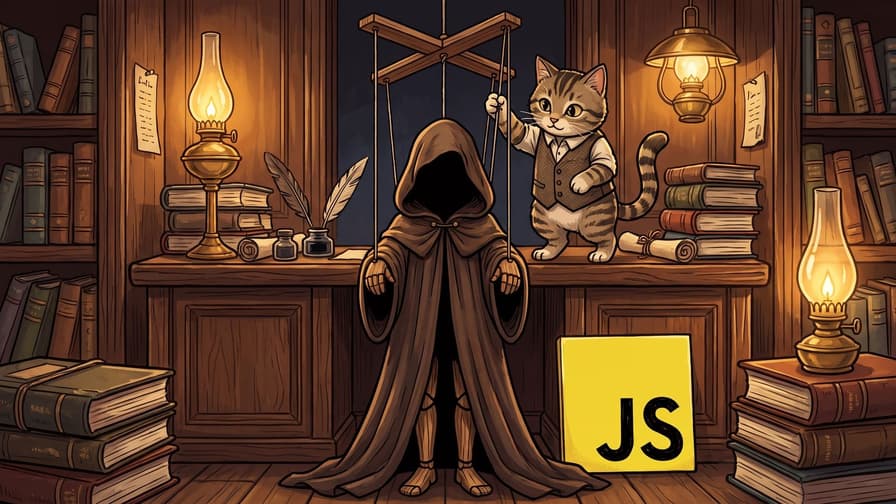 A striped cat wearing a vest stands on a wooden desk and operates the strings of a wooden marionette dressed in a dark hooded cloak, set within a library with bookshelves, lit oil lamps, stacks of books, and a yellow square displaying the black letters "JS".