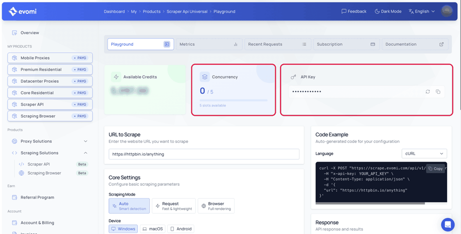 The Scraper API Playground in the Evomi dashboard, with the Concurrency card showing 0 of 5 slots in use and the API Key card next to it, both outlined in red