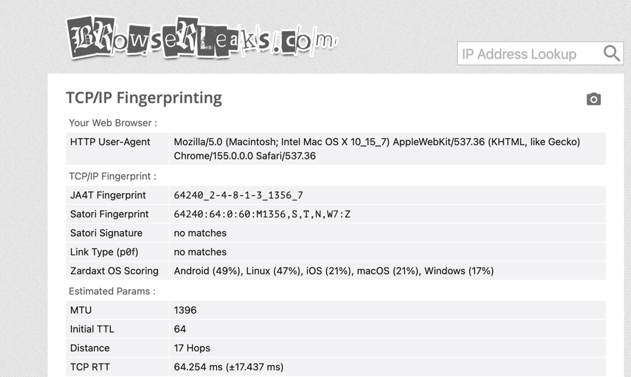 BrowserLeaks.com TCP/IP Fingerprinting page through a T-Mobile exit IP. The HTTP User-Agent reads Macintosh Chrome, the Satori fingerprint is 64240:64:0:60:M1356,S,T,N,W7:Z, Zardaxt OS scoring reads Android 49% and Linux 47%, and the estimated MTU is 1396 with an initial TTL of 64.