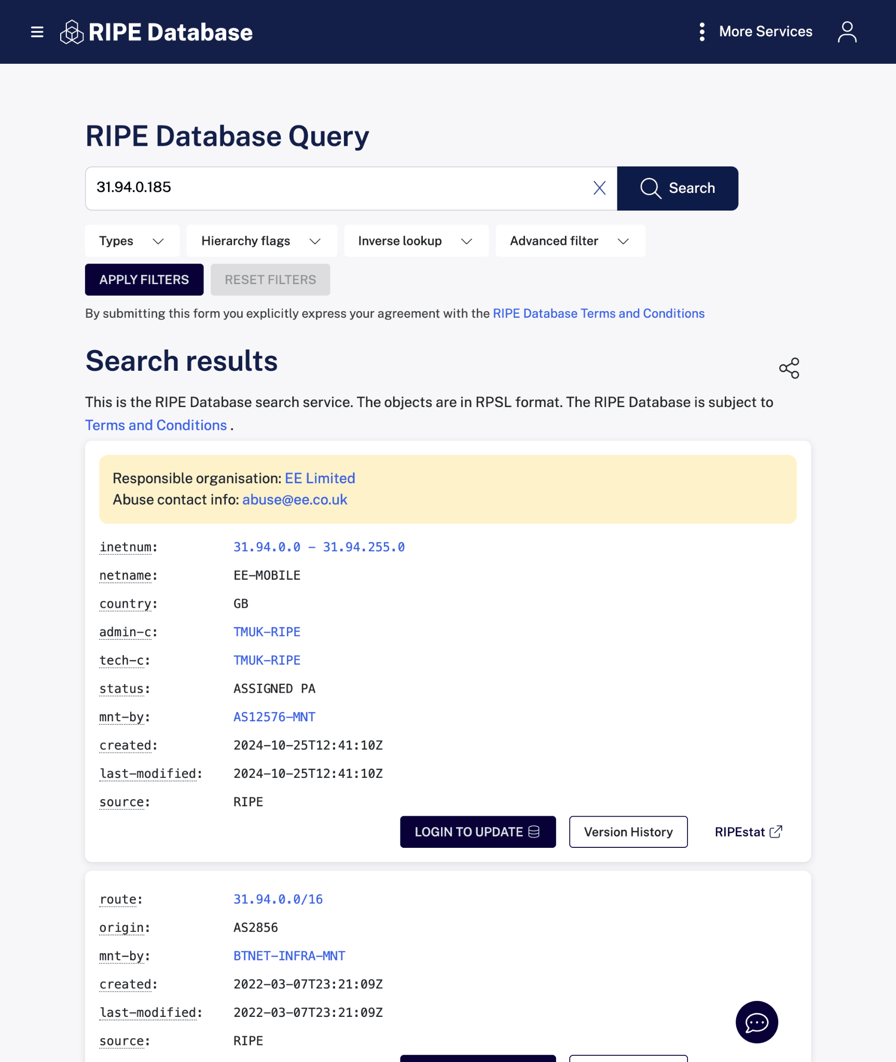 RIPE Database query for 31.94.0.185. The responsible organisation is EE Limited. The inetnum from 31.94.0.0 to 31.94.255.0 has netname EE-MOBILE, country GB, and mnt-by AS12576-MNT. The route object 31.94.0.0/16 has origin AS2856 and mnt-by BTNET-INFRA-MNT.