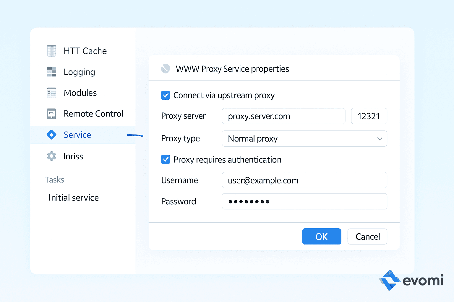 Configuring upstream proxy connection details in WinGate