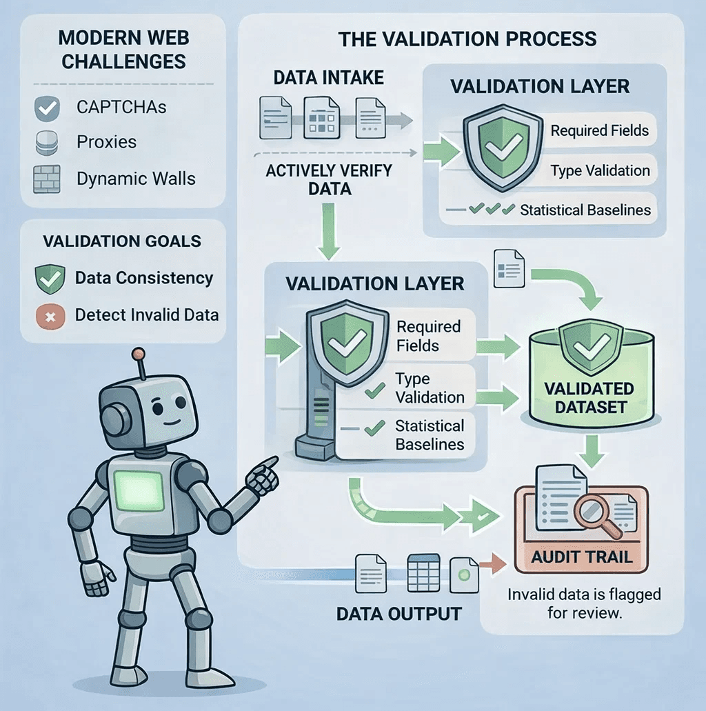 Infographic showing a data validation process with intake, verification layers, and audit trails for web scraping workflows
