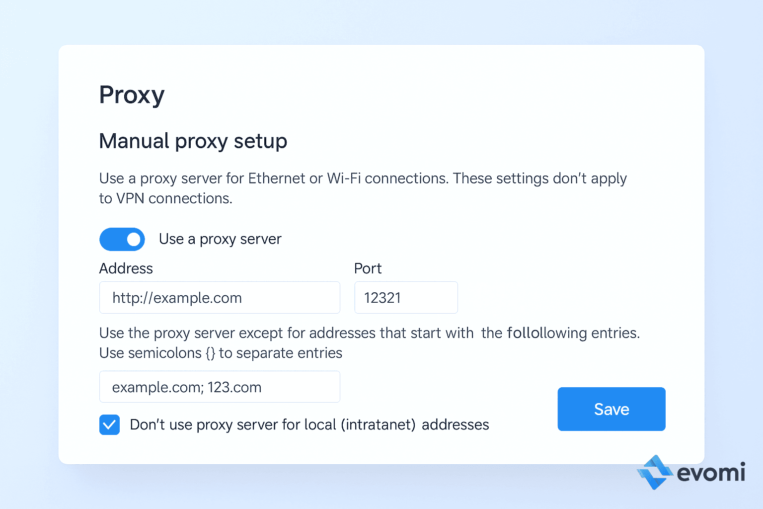 Manual proxy setup section in Windows 10 settings with example proxy details filled in