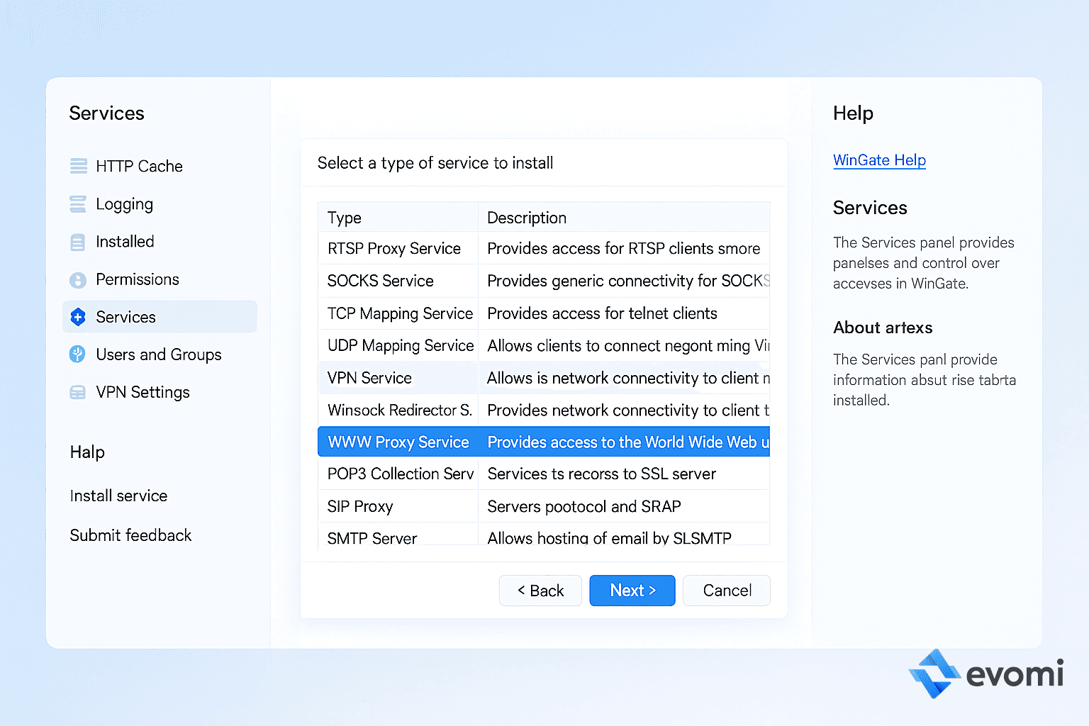 Selecting the WWW Proxy Service for installation