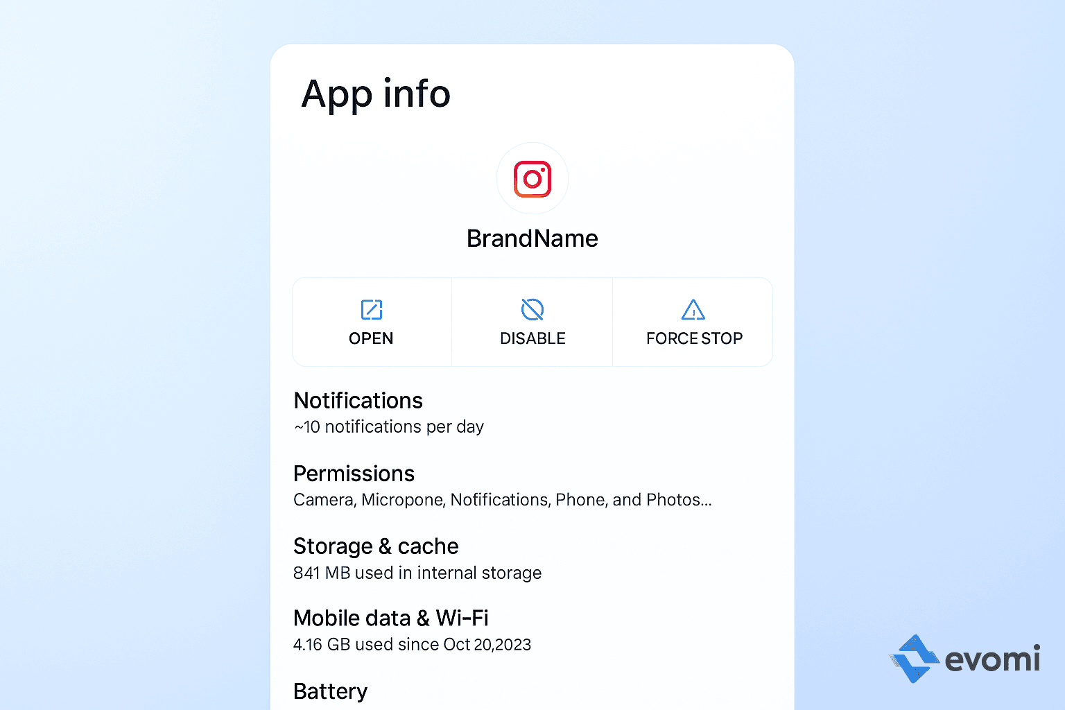 Android settings screen showing Storage & cache option for Instagram